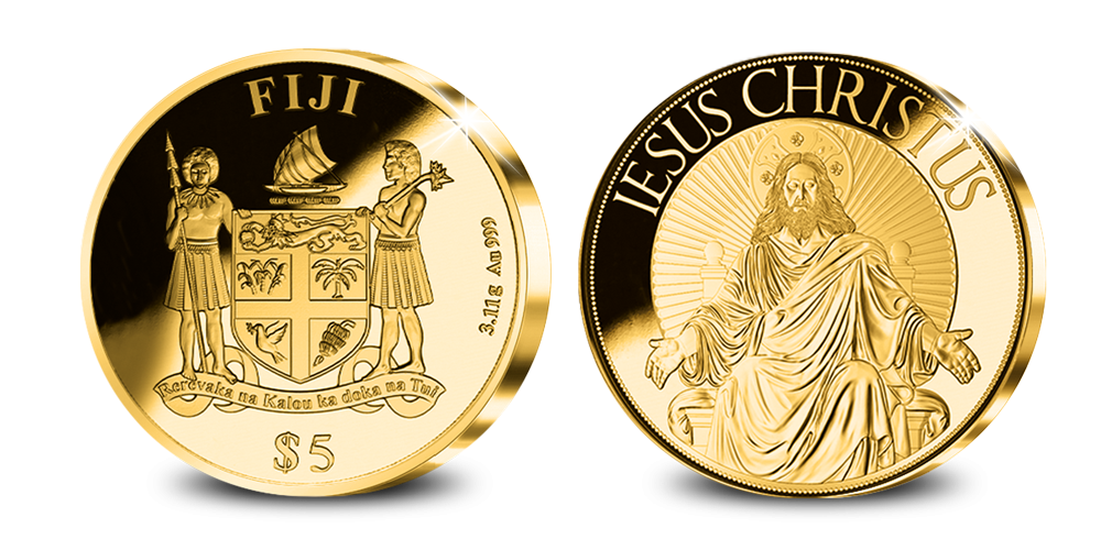 Jezus Christus de verlosser op een massief gouden munt Jezus Christus de verlosser op een massief gouden munt