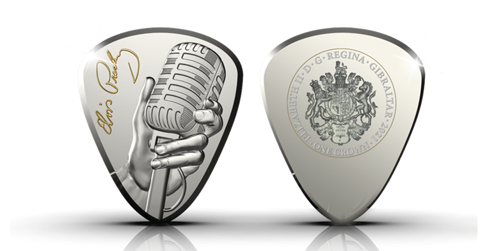Puur zilveren Elvis munt in de vorm van een plectrum Puur zilveren Elvis munt in de vorm van een plectrum