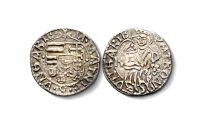 Originele Middeleeuwse zilveren Denar met Maria Jezus motief