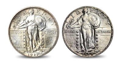 Unieke Standing Liberty set, 2 historische zilveren Dollars